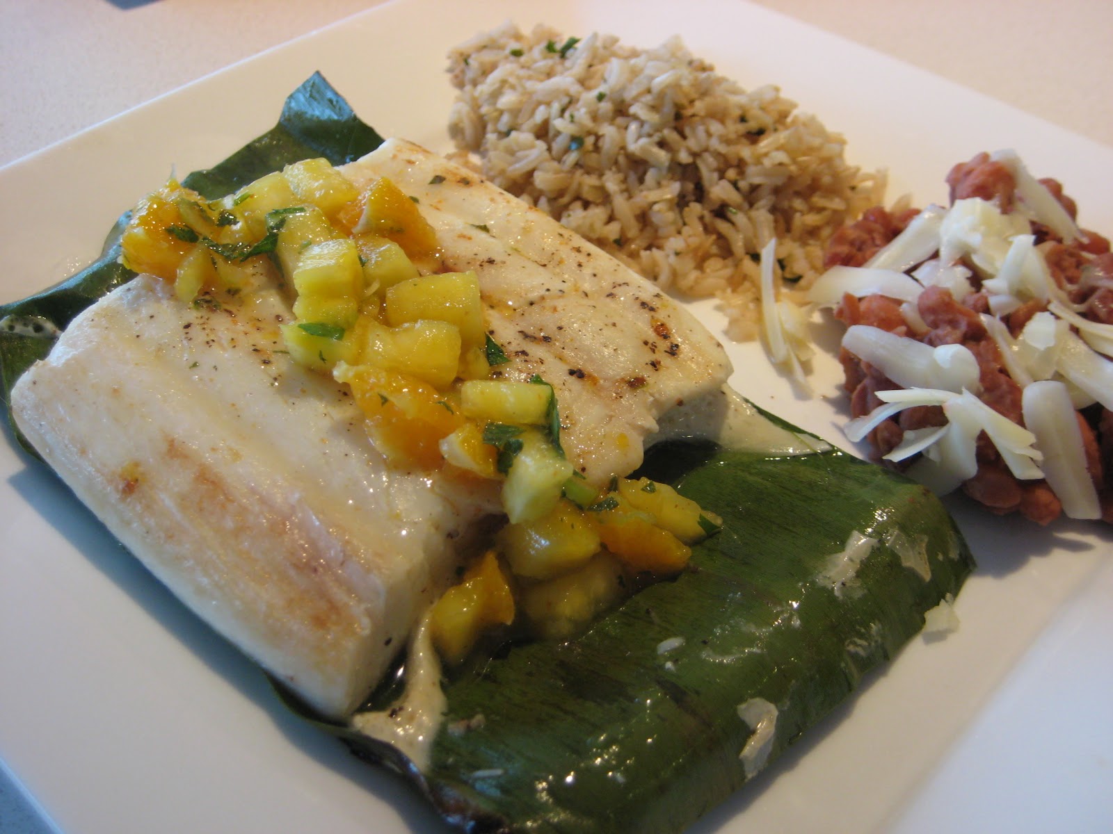 Lexi's Kitchen HALIBUT GRILLED IN BANANA LEAVES WITH ORANGEPINEAPPLE