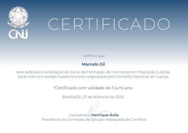 CERTIFICADO DE REVALIDAÇÃO DO CURSO DE FORMAÇÃO DE INSTRUTORES DE MEDIAÇÃO JUDICIAL DO CNJ / 2020