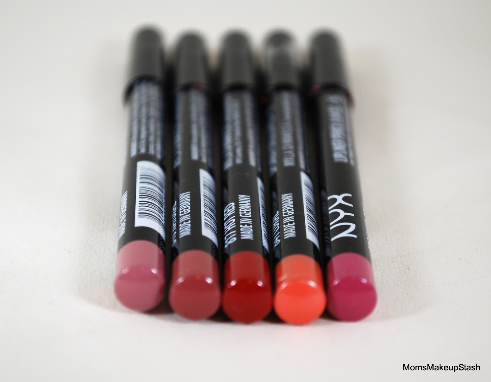 NYX Lip Pencils (L-R): Pale Pink, Natural, Hot Red, Coral & Sand Pink.