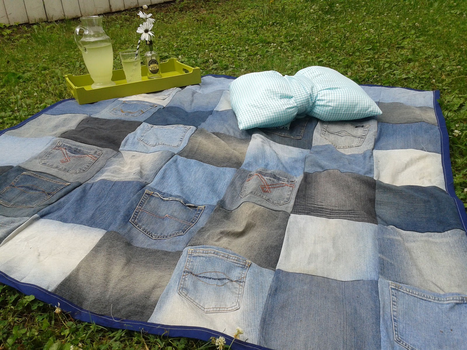 Dragonflies and Flutterbyes Denim picnic blanket quilt