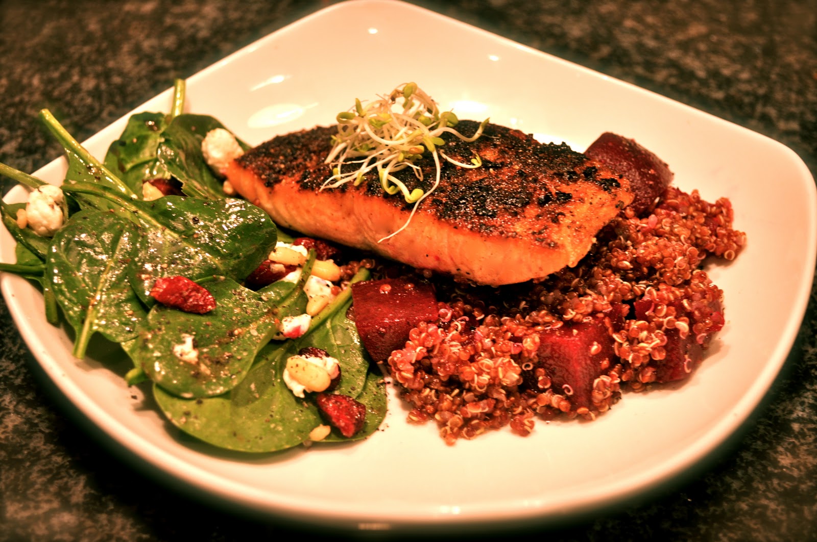 One Classy Dish Blackened Salmon, Quinoa, & Spinach Salad