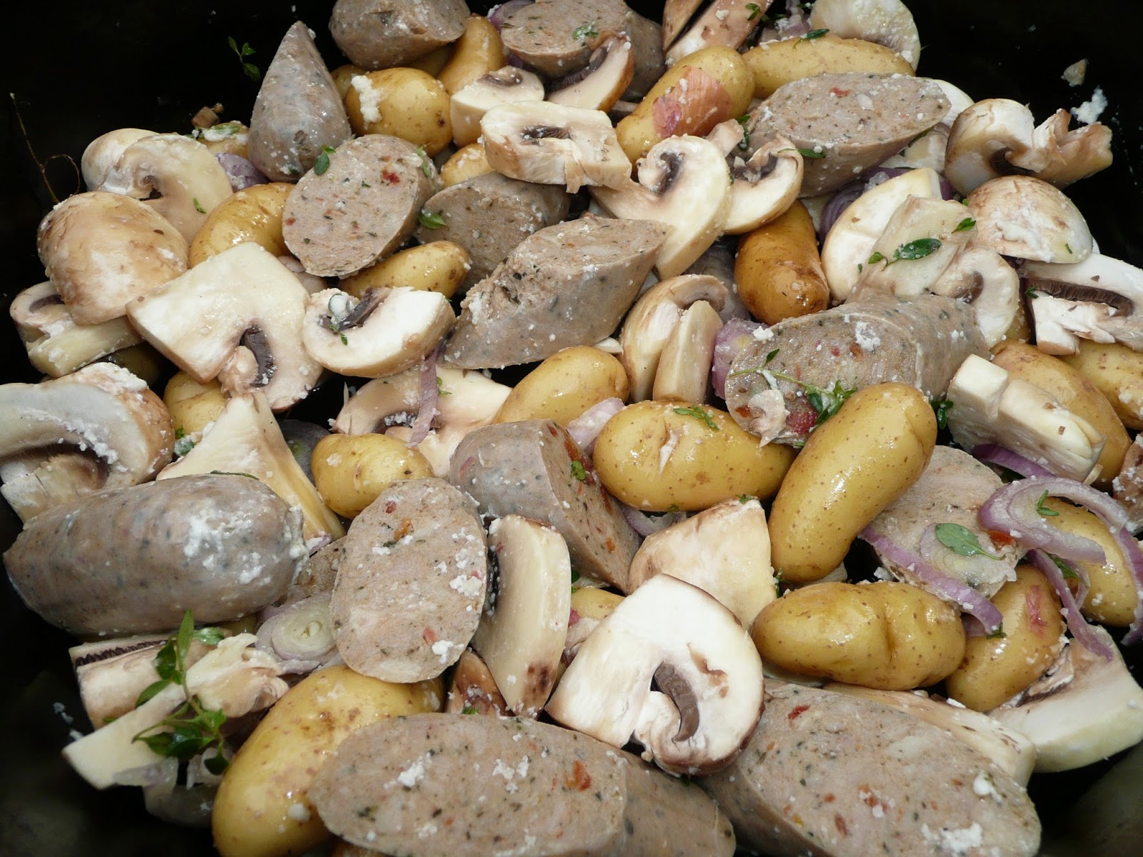 Everyday Dutch Oven Roasted Baby Potatoes with Mushrooms, Green Beans and Sausage