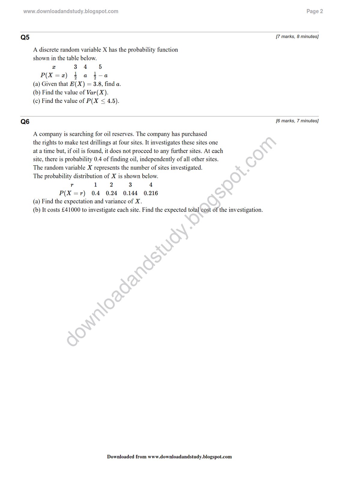 Download & Study: AS Statistics Probability Distribution Revision Test