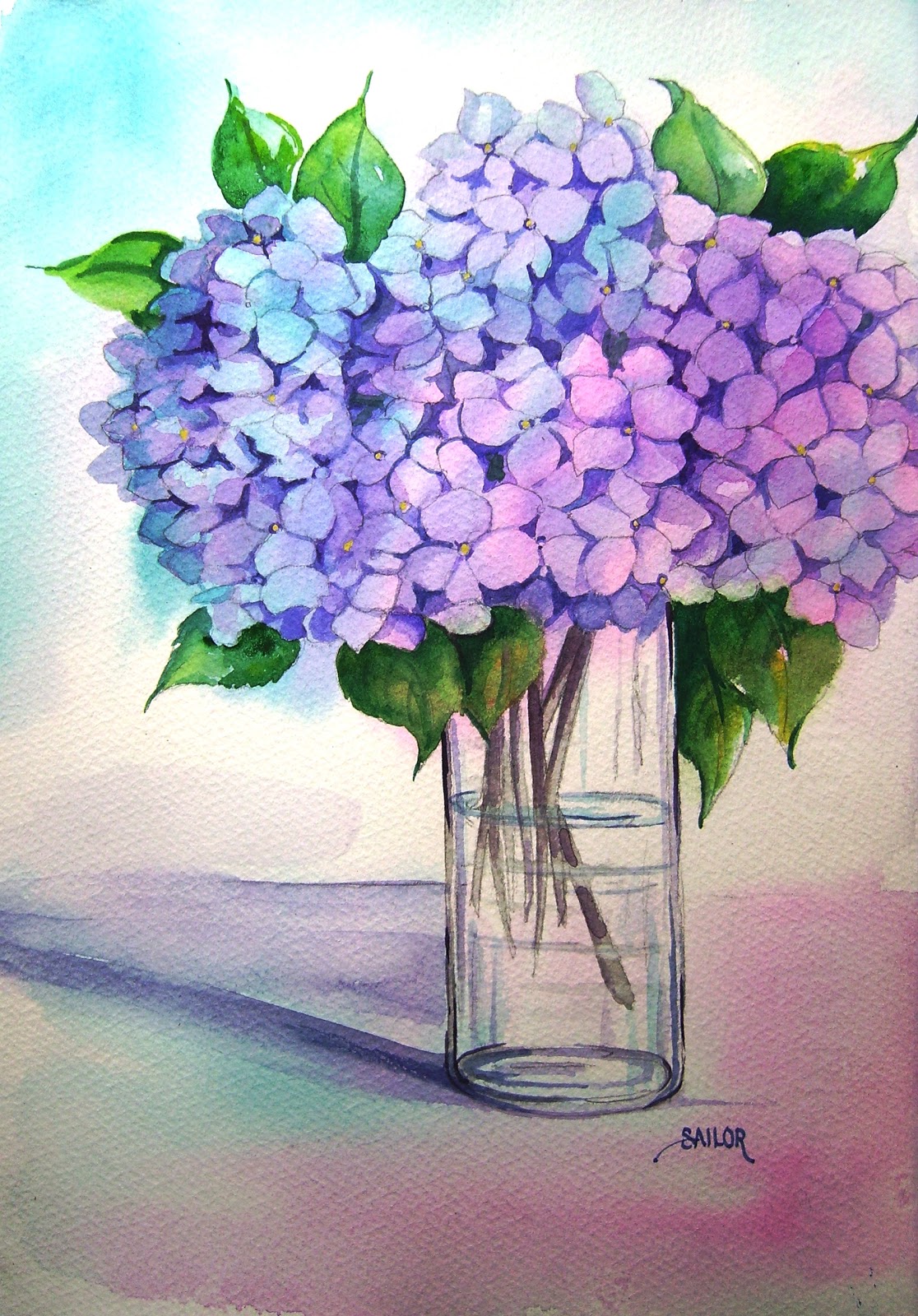 Watercolor in the Village Still Life with Hydrangeas