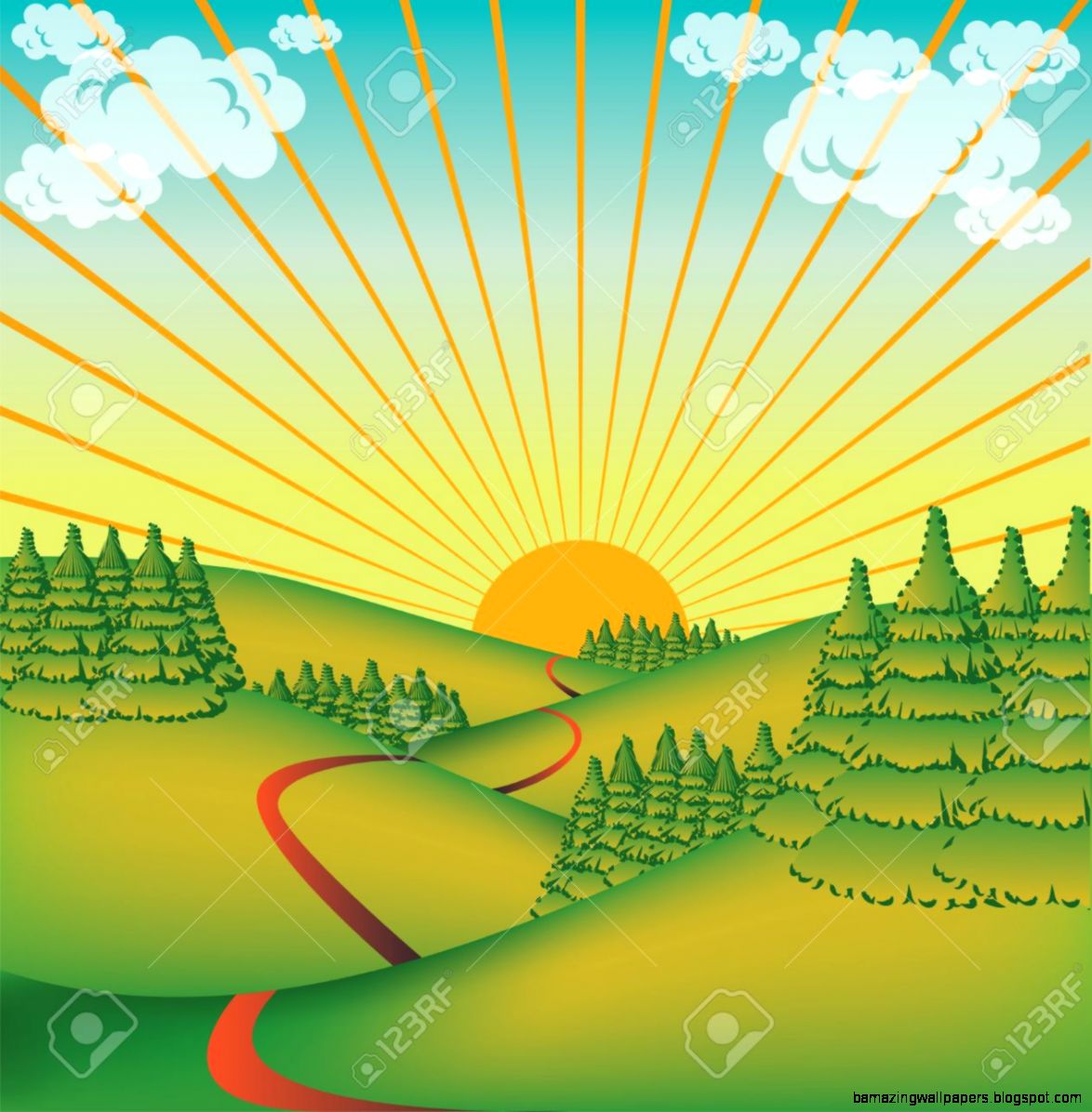 Cute Countryside Valley   Illustration Royalty Free Cliparts Cute Countryside Valley   Illustration Royalty Free Cliparts