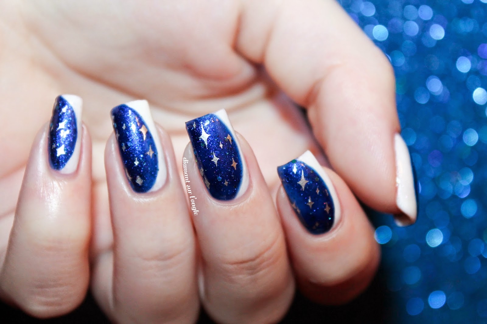 side white and blue galaxy french nail art