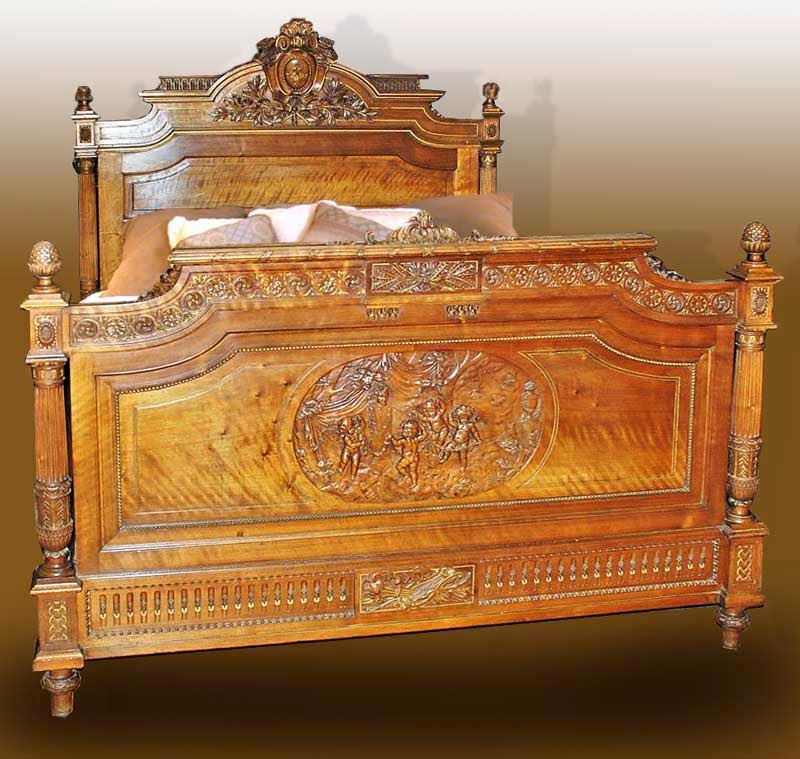 Queen Bed French Style Bed Teak Wood Carving Furniture