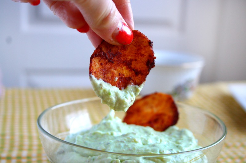 collecting memories Baked Potato Chips with Avocado Garlic Dip