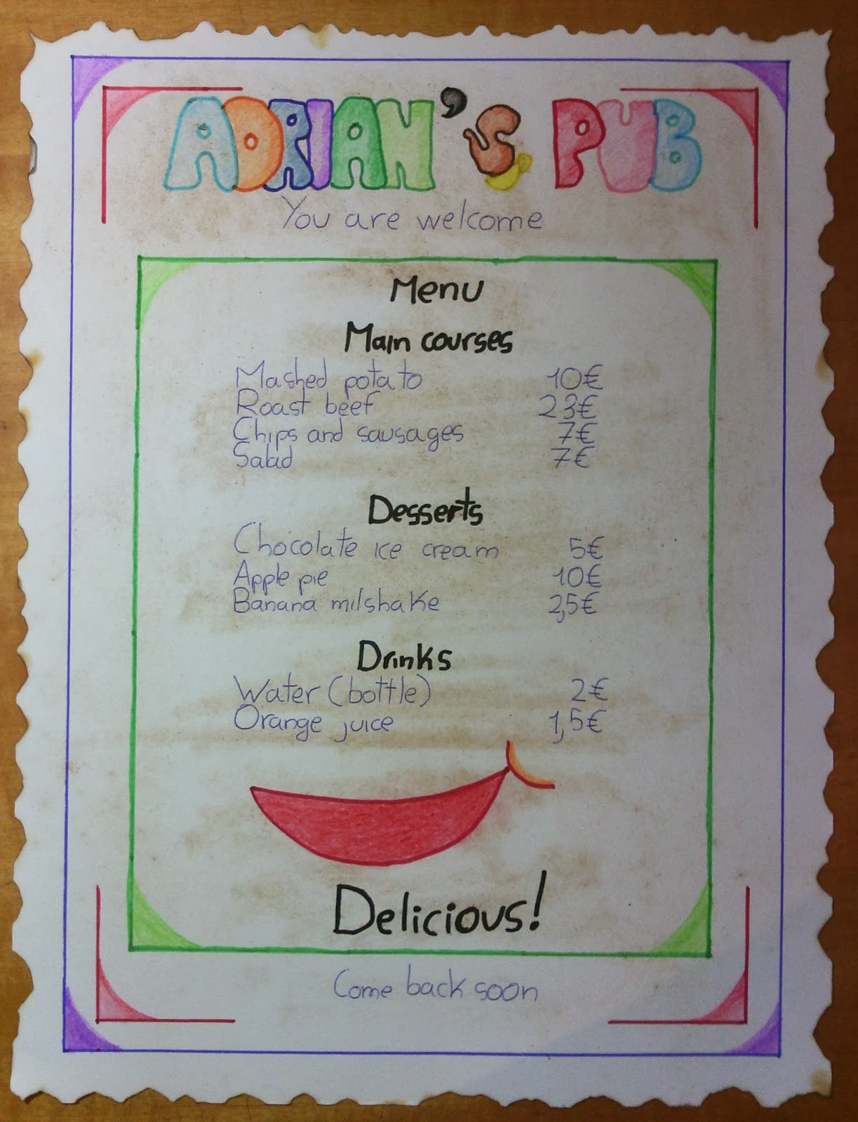 ADRINCLUSIVO Tema 6 At the restaurant English menu