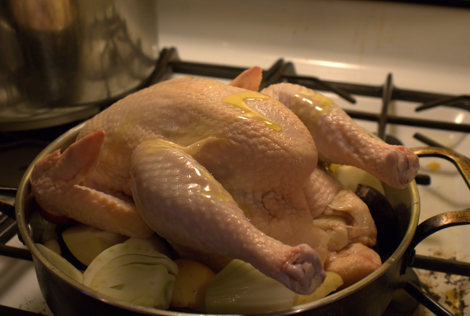 Soused Blueberries Roasted Chicken over Potatoes and Fennel