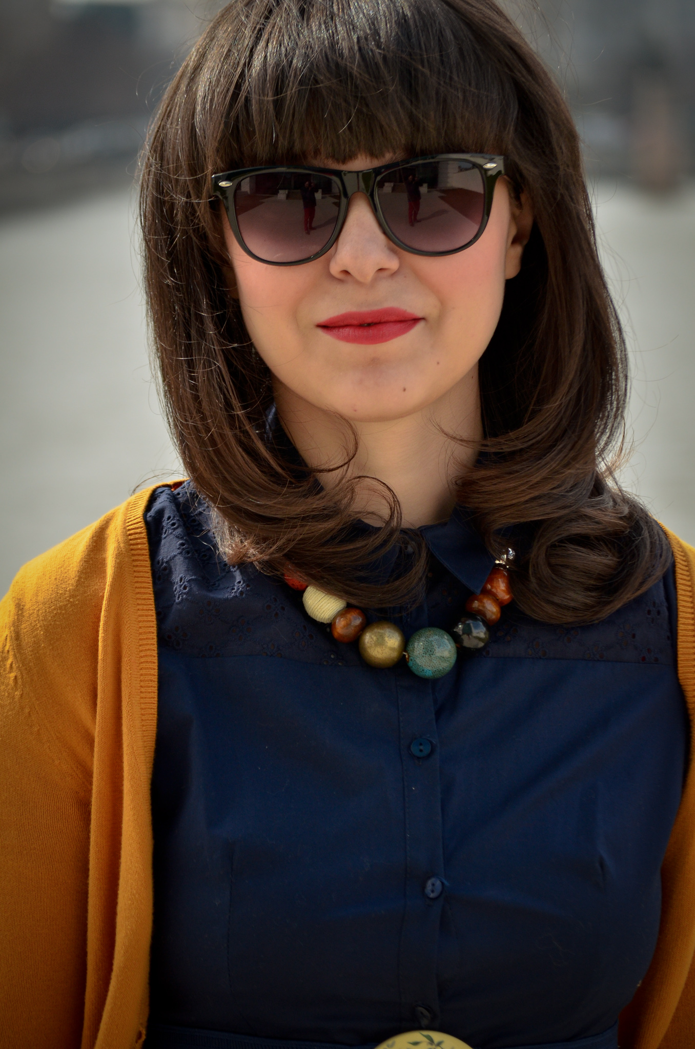 spring outfit navy dress 50s style mustard cardigan c&a thrifted belt cobalt blue clutch new yorker poema mustard heels 