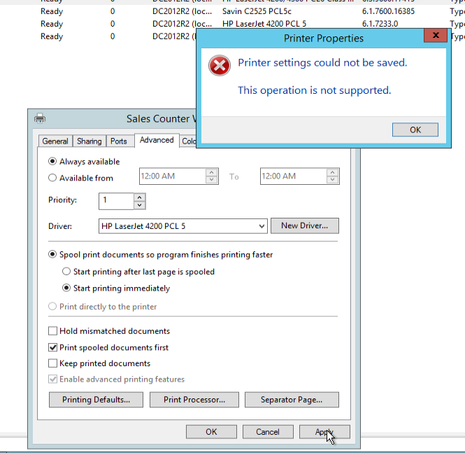 Printer settings could not be saved. This operation is not supported