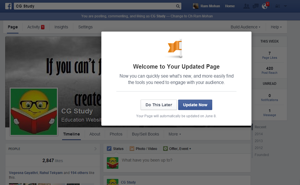 updated facebook page how to get page upgrade in fb