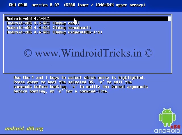 GRUB Bootloader Menu Install Android in Windows using Virtual Machine, VMware Workstation, VirtualBox, VMware Payer