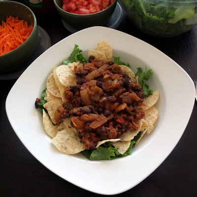 Chorizo and Black Bean Taco Salad:  Taco salad made with black beans, chorizo and spices.
