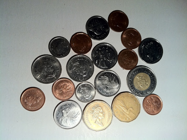 a group of coins on a white surface