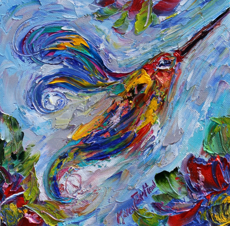 Palette Knife Painters Original oil painting Hummingbird and Peacock
