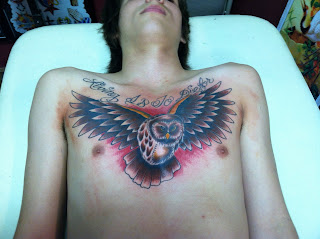 custom traditional owl chest piece by david meek tattoos in tucson arizona