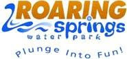 Roarings Springs Water Park logo with the quote "plunge into fun!" and waves. 