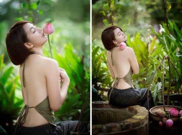 Hot girl Linh Napie hóa thành thiếu nữ bên hoa sen