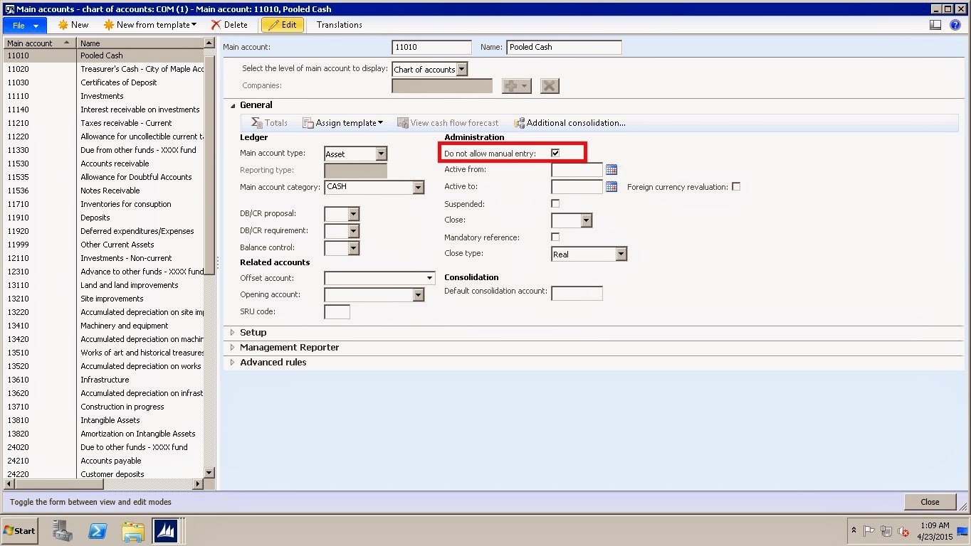 Now, i am going to post General journal from General ledger module using  the same account 11010 on which i checked mark the do not allow manual  entry ...
