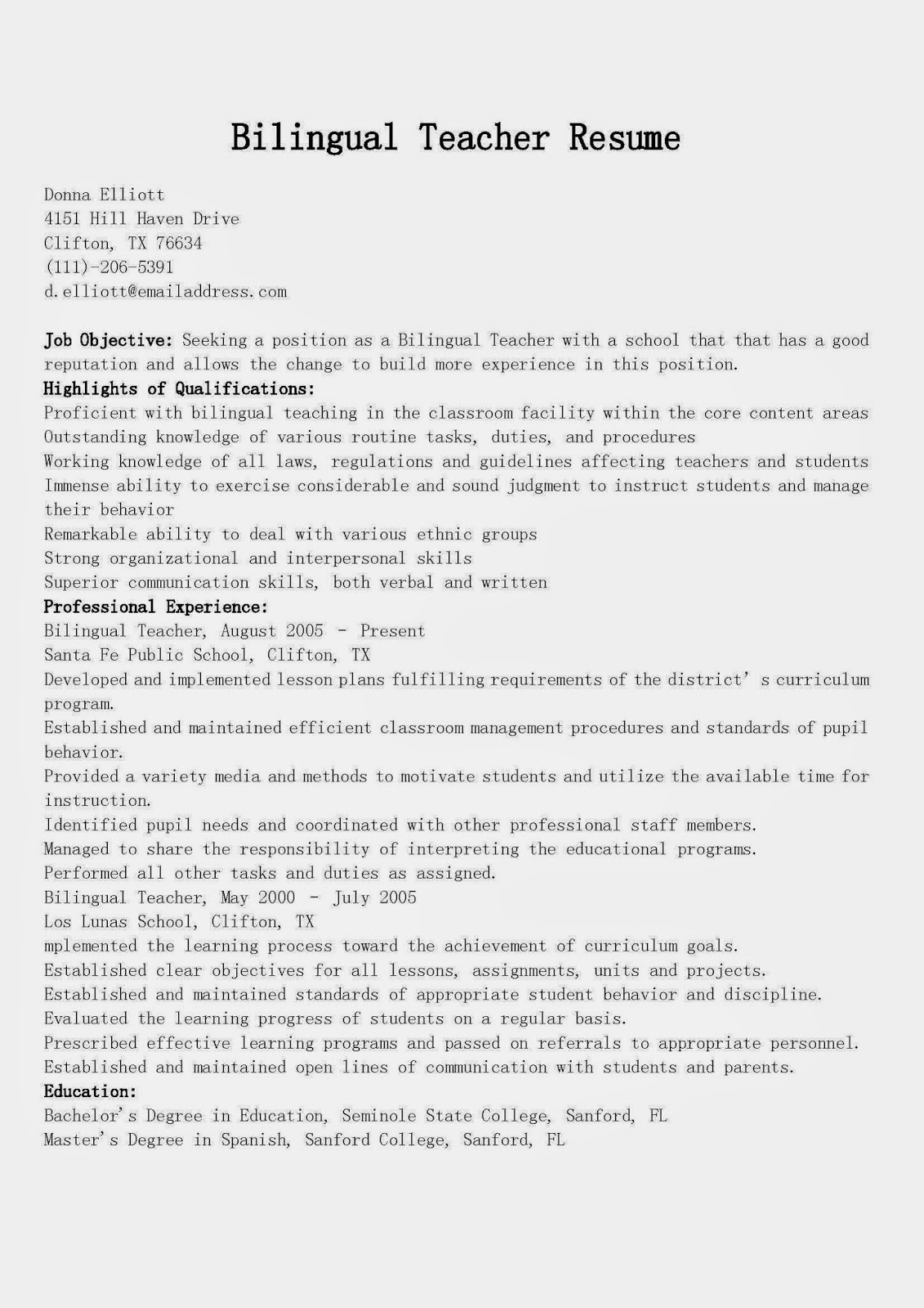 Sample resume bilingual teacher