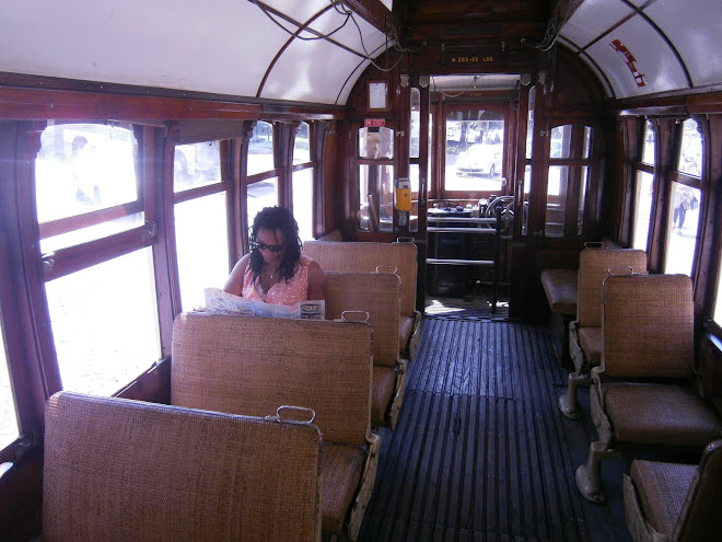 Inside the Oporto tram, with the missus acting as glamorous tram buff!