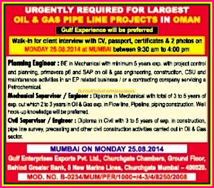 OIl & Gas Pipeline Project Jobs in Oman Gulf Jobs for Malayalees