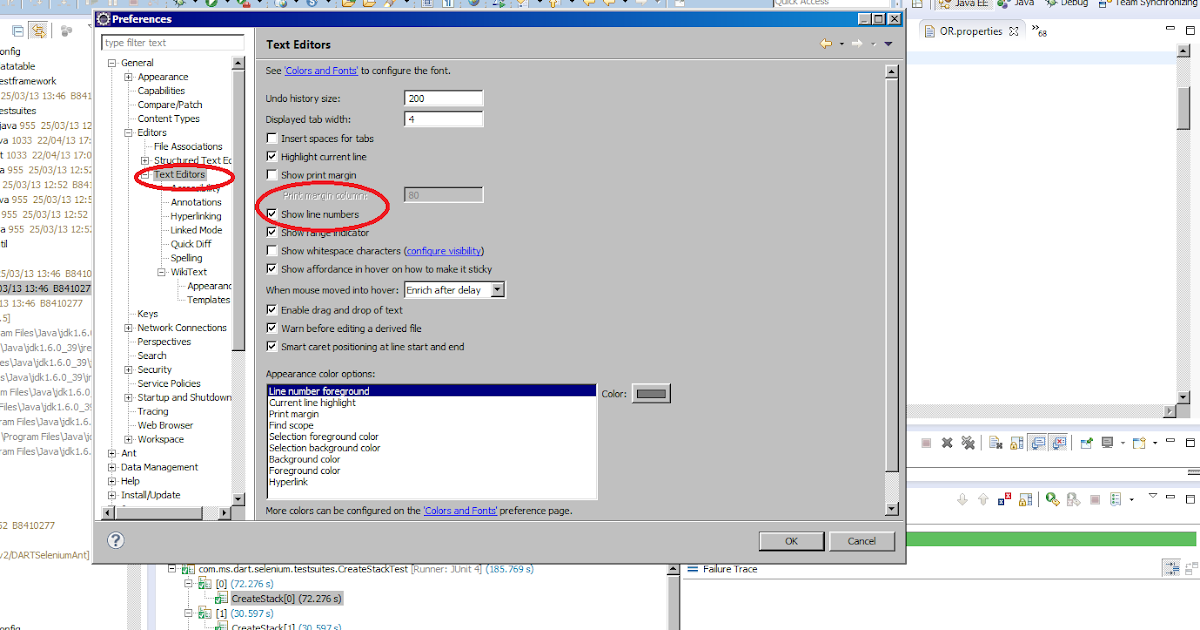 Selenium Java Help How to display line numbers in eclipse