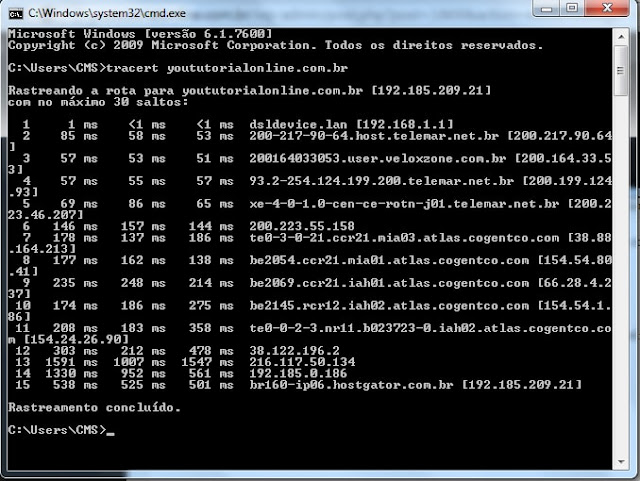Comando tracert yoututorialonline.com.br