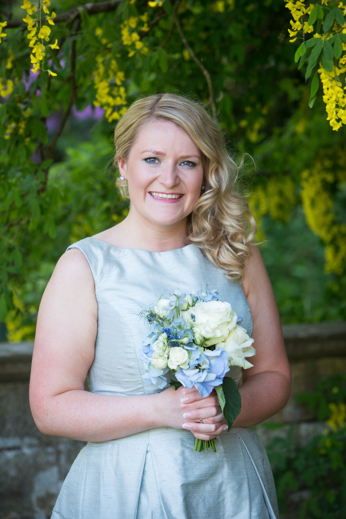 Duck egg blue bridesmaid's dresses and ivory flower girl's and dolls