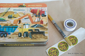Construction machine puzzle as a gift for a little boy. Wrap in craft paper, add washi tape and stickers and you are done!