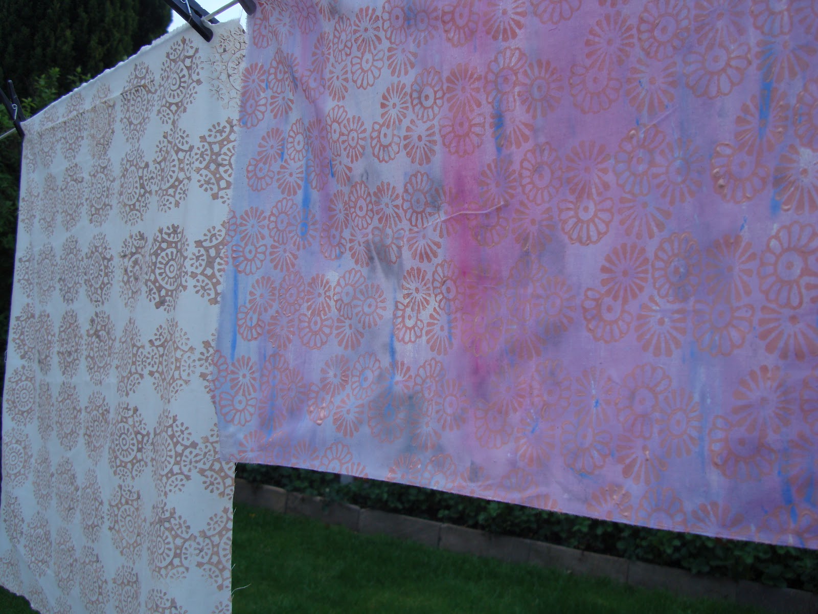 Crazy Daisy Block printing on painted fabric.