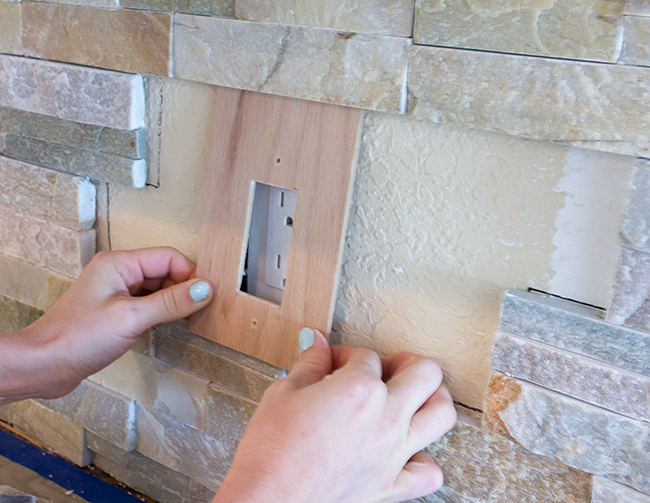 Stacked Stone Kitchen Backsplash with Floating Shelves