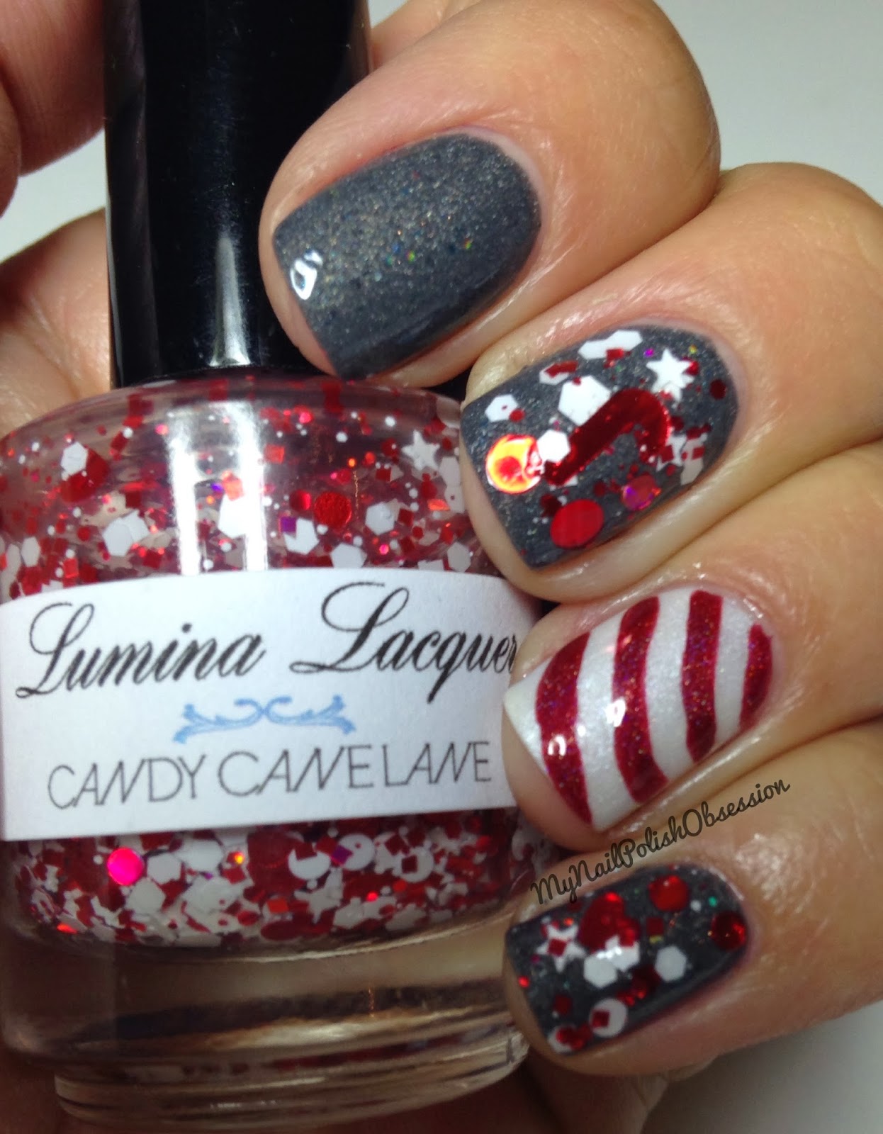 My Nail Polish Obsession Candy Cane Mani Featuring Lumina Lacquer