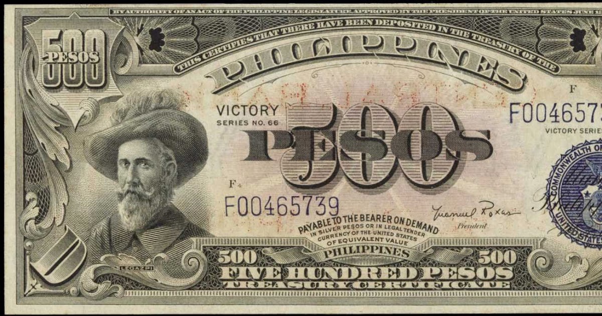 coins victory money philippines pesos banknotes note 500 paper five philippine peso currency notes hundred foreign 1944 legazpi lopez miguel