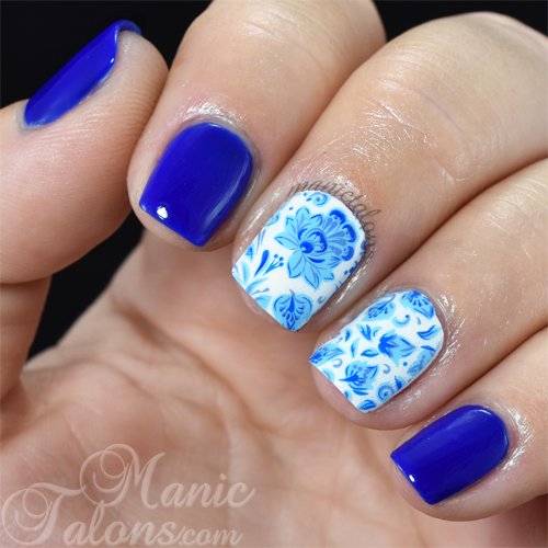 Blue and White China Nails with KBShimmer Water Slide Decals