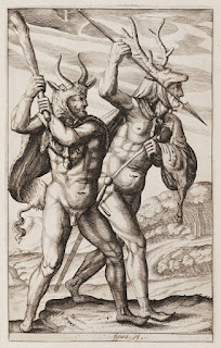 1600-talsillustration av två germanska krigare, nakna sånär som på djurhudar med horn samt beväpnade med spjut och klubba.
