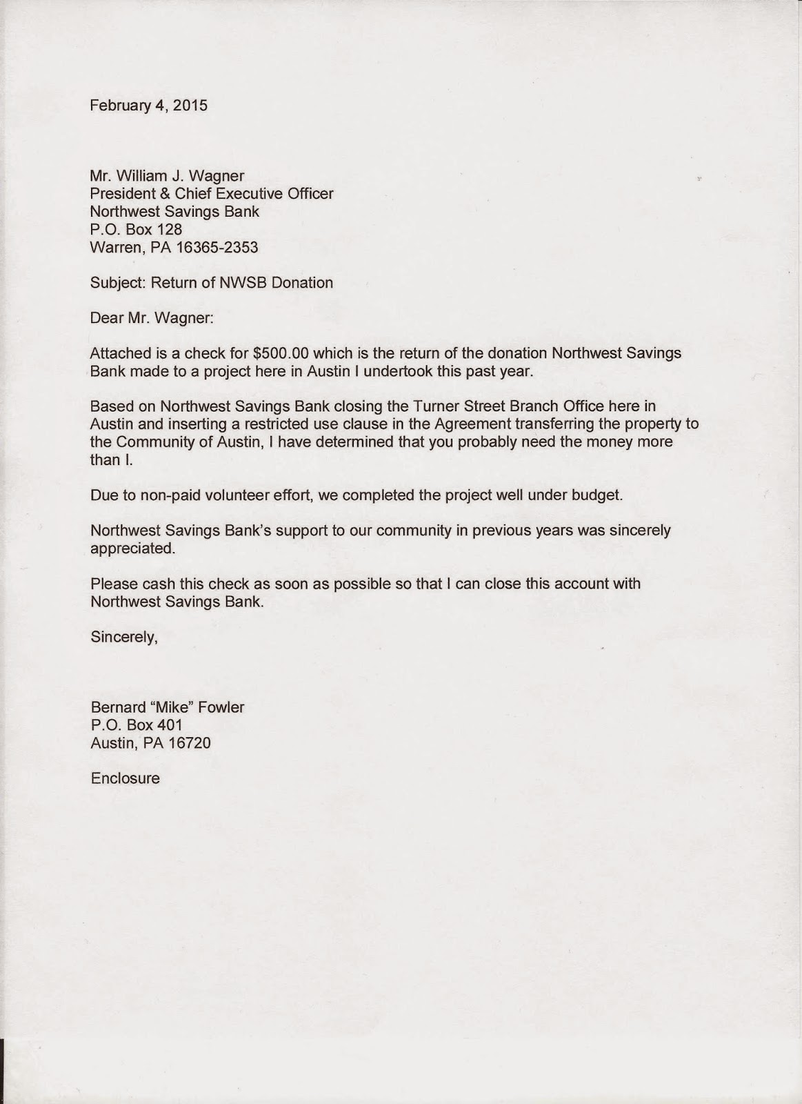 awesome austin donation check returned to northwest savings bank returned check letter
