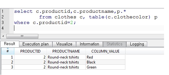 select from collection array in object relational database Oracle