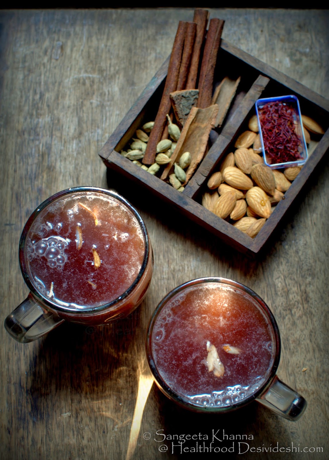  kahva or qahva : a nice warming Kashmiri tea infused with cinnamon, green cardamom and almonds