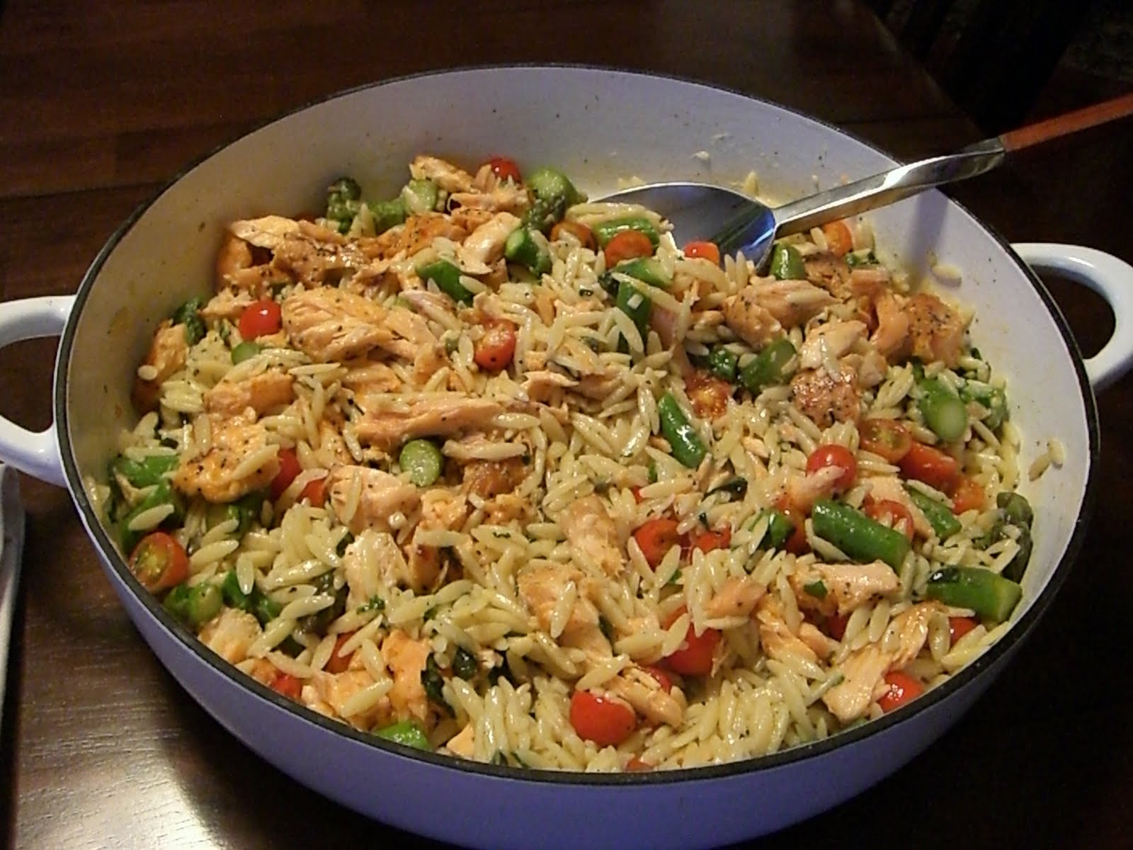 Domestic Bliss Orzo with Salmon, Asparagus, & Tomatoes