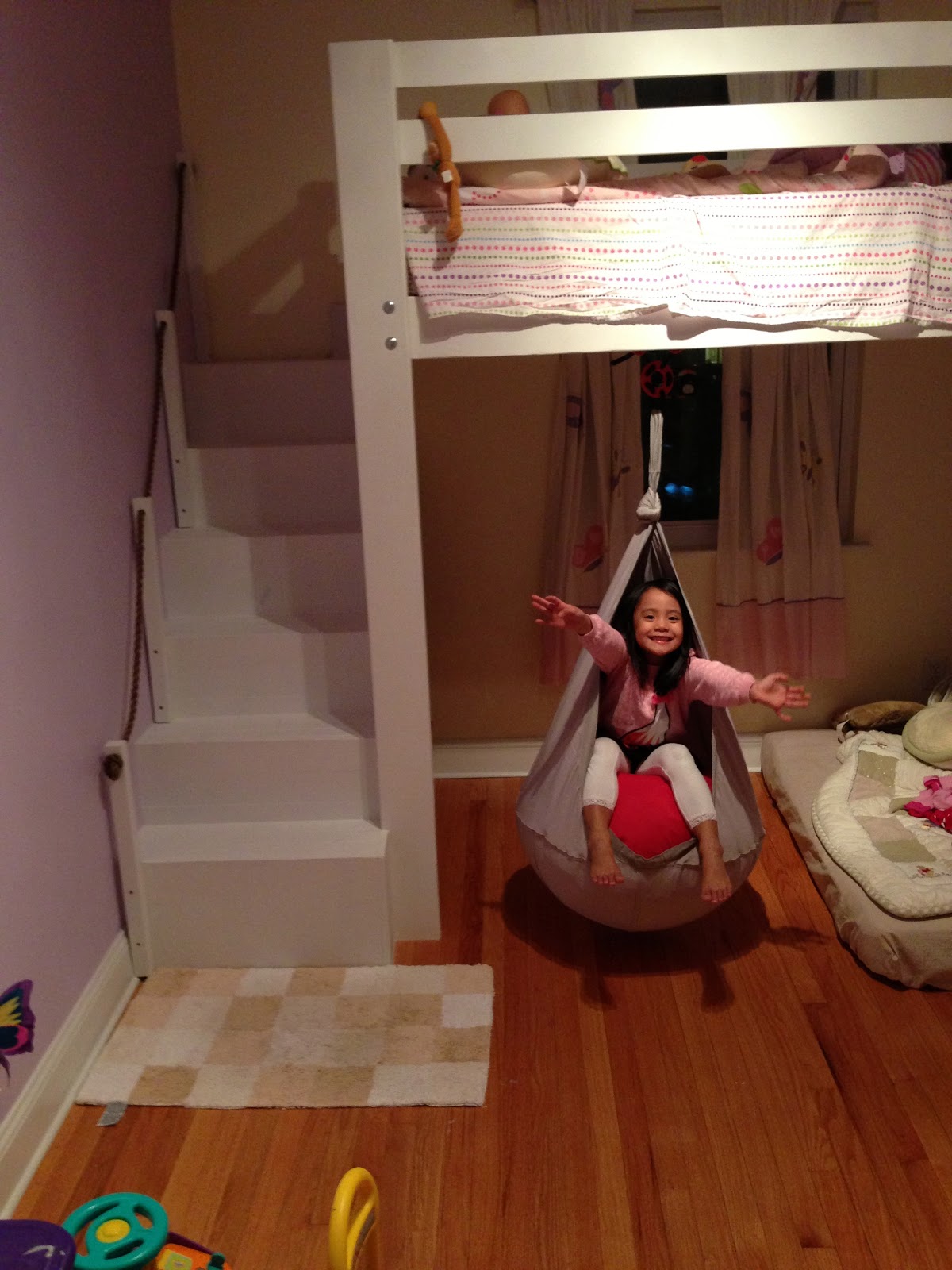 Kids Space Loft bed, bunk bed build with hanging toddler bed and swing!