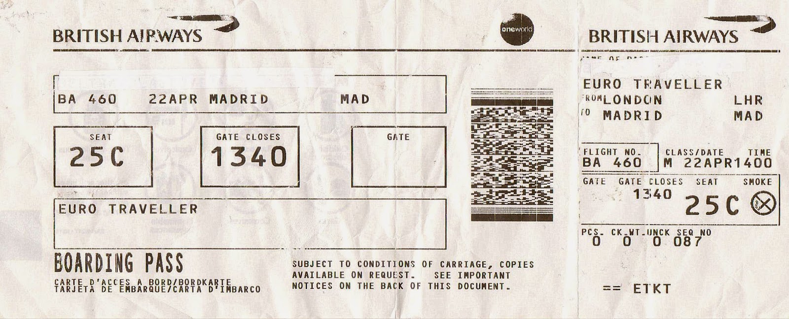 The traveler's drawer BRITISH AIRWAYS. Boarding pass for the flight BA