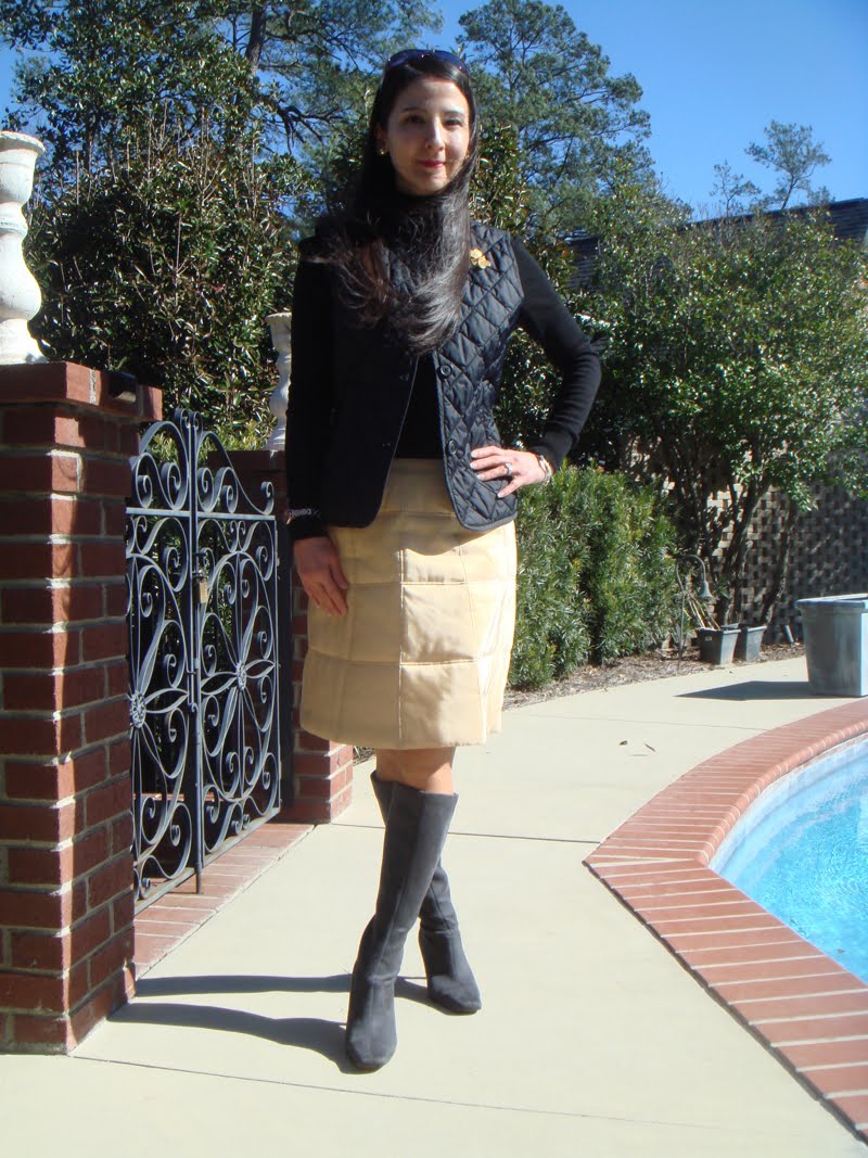 Quilted Vest and Quilted Skirt Quilted vest and quilted skirt outfit with head facing front.