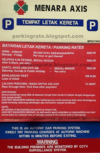 Menara Axis Car Park Rate. Parking lot is near to  Asia Jaya LRT Station, Jalan 51A/223 and Crystal Plaza, Armada Hotel. 