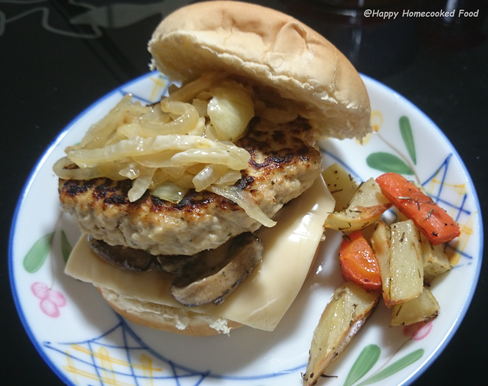 Happy Homecooked Food Honey Mustard Chicken Burger with Caramelized