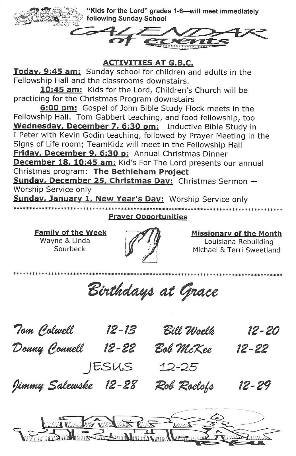 Grace Bible Church Church Bulletins, Sunday, Dec. 4, 2011