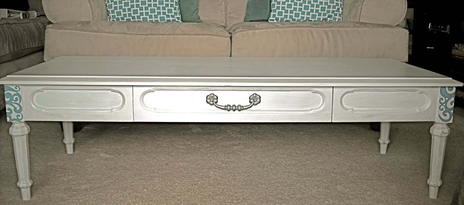 The Maison Studios White Distressed Coffee Table with Turquoise Accents