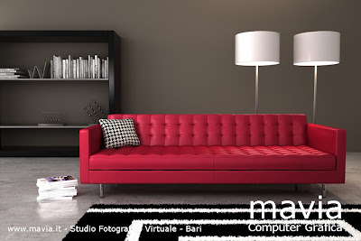 Grafica 3d - Rendering Divano in tessuto di colore rosso in ambiente moderno con libreria e pavimento in marmo grigio chiaro.Rendering interni 3d in Cinema 4d e Vray rendering